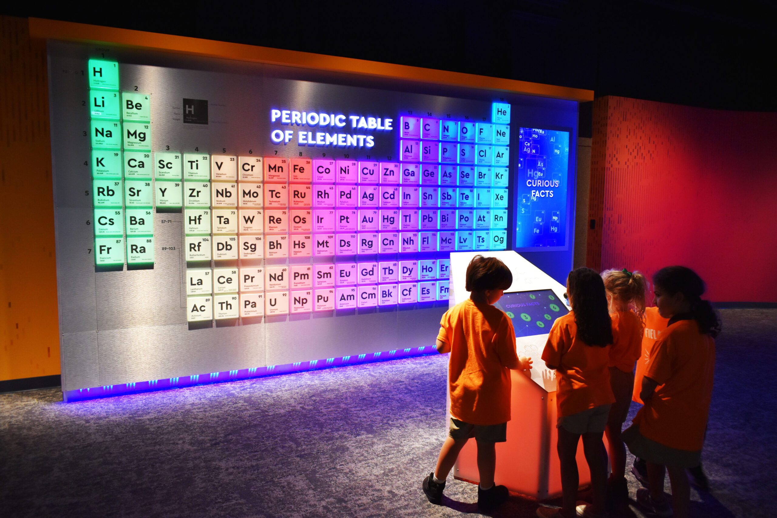 Children engaging with the Interactive Periodic Table exhibit, sponsored by BASF, in The Seed.